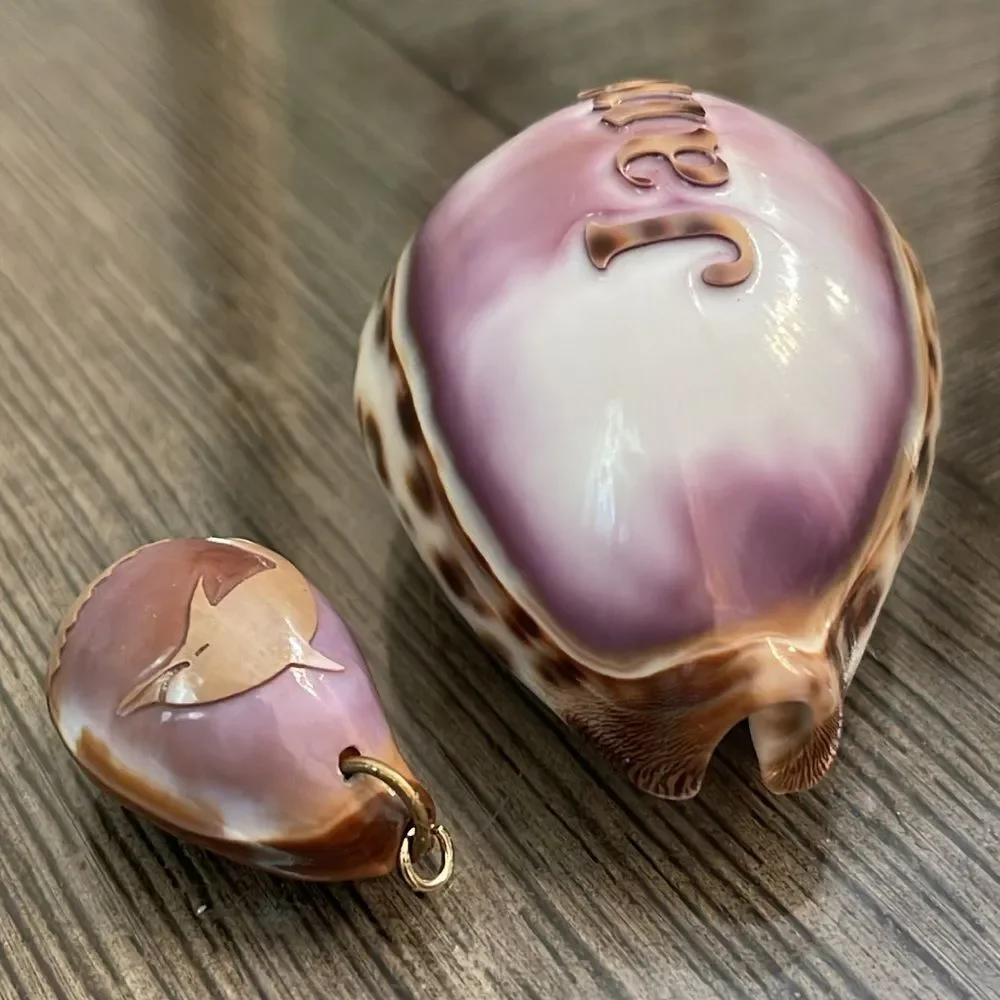 Vintage Engraved Tiger Cowrie Shell With “Jane” & Dolphin Pendant